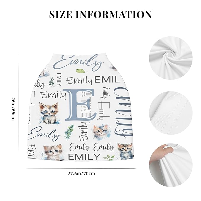 Personalized Car Seat Covers with Name, Cat Baby Canopy Carrier Cover, Breathable Breastfeeding Nursing Cover, Stretchy Multi-Use Infant Carseat Stroller Cover