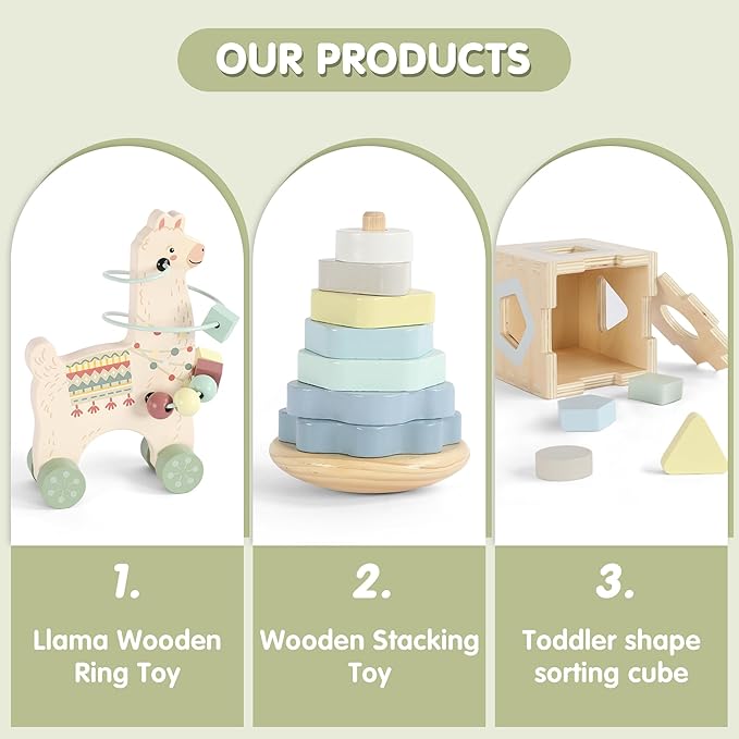 FReniland Montessori Toys for 1 Year Old，3-in-1 Wooden Baby Toys，Wooden Stacking Toy，Toddler Shape Sorting Cube, Llama Ring Toy,Newborn Baby Gift Sets for Boys and Girls