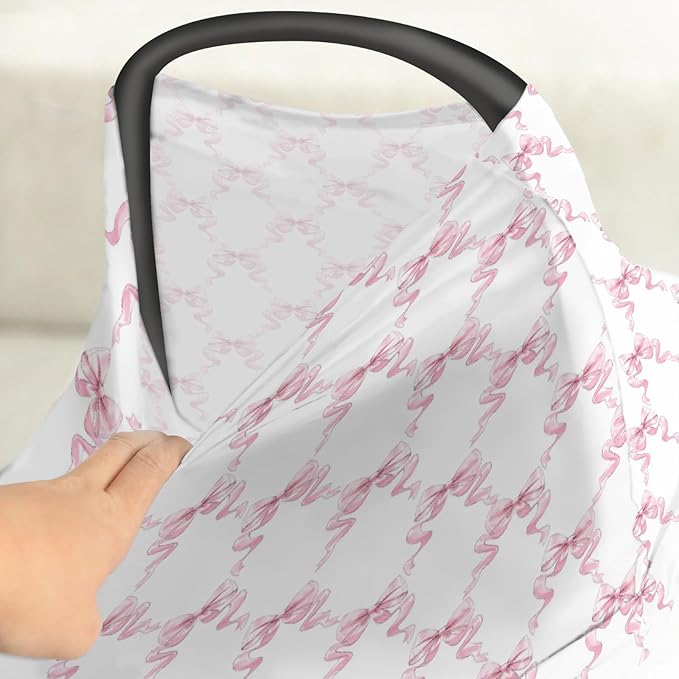 Pink Bows Ribbon Baby Car Seat Covers Pastel Baby Pink Ribbons Stretchy 5-in-1 Cover Adjustable Infant Carseat Cover Canopy Watercolor Bows Girly Breathable Nursing Cover-Up