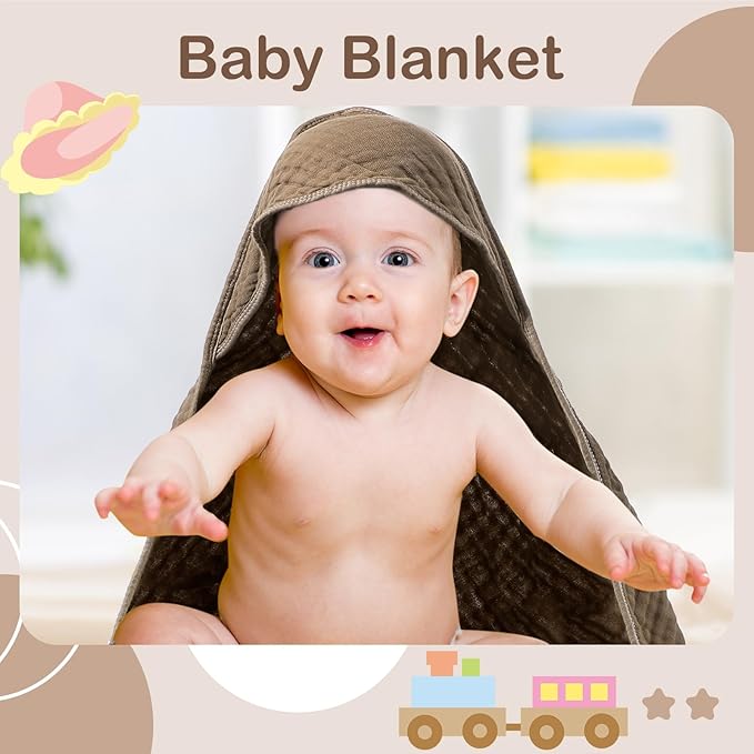 Peryiter 4 Pcs Muslin Hooded Baby Towels 32 x 32 Inch Cotton Newborn Bath Essentials Muslin Infant Blankets Absorbent Registry Gifts for Girl Boy Kids Baby Shower (Coffee)