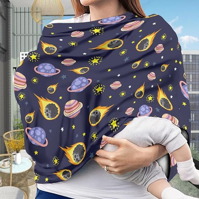 GIFTPUZZ Planet Nursing Cover for Breastfeeding, Baby Car Seat Cover, Infant Carseat Canopy Covers, Soft Breathable Stretchy Scarf, Multi-Use Stroller/High Chair Cover, Baby Shower Gifts