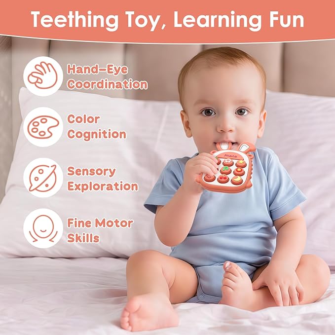 MISSLILI Teething Toys for Babies, BPA-Free Silicone Teether Toy for Infants, Cute Rabbit Phone Design with Easy-Grip Ears, Soothing Gums and Push Pop for Boy and Girl