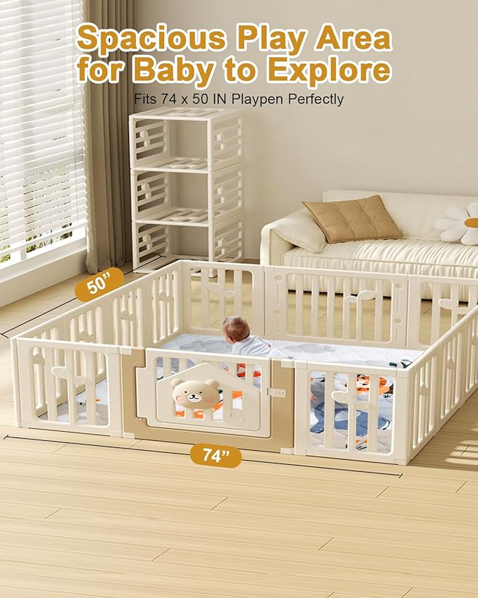TINYHARBO Premium Foam Baby Play Mat 74" x 50" – Removable & Machine Washable Cover, Extra Thick Padding Playpen Mat, Non-Slip Crawling Mat, Easy to Clean for Infants, Toddlers & Babies