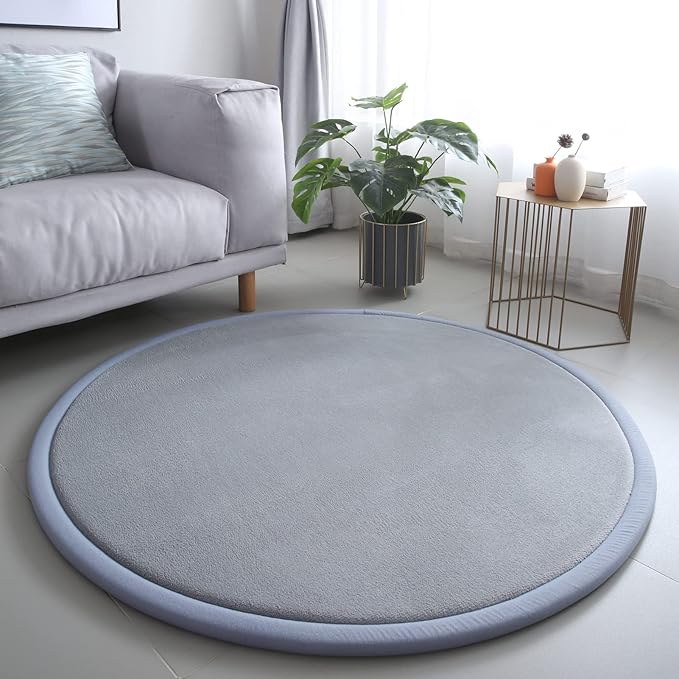 Loartee Thick Kids Round Rug - Coral Velvet Area Rugs, Memory Foam Circular Carpet for Nursery Playroom Home Decor Dormitory, Diameter 71 inch, Gray