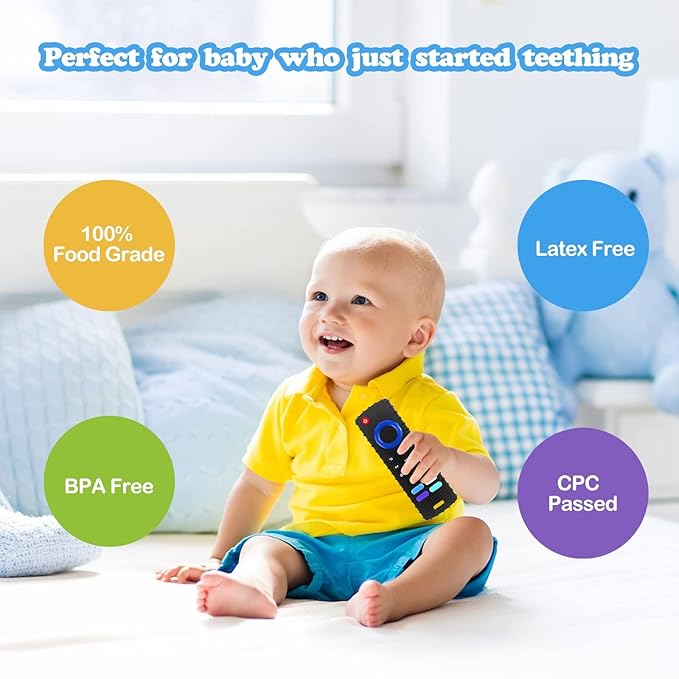 2-Pack Silicone Baby Teething Toys, TV Remote Teethers for 6-12-18 Months Infant, Fire Stick Remote Control Shape Baby Silicone Teethers, Chew Toys for Boys and Girls (New-F Black+R Purple)
