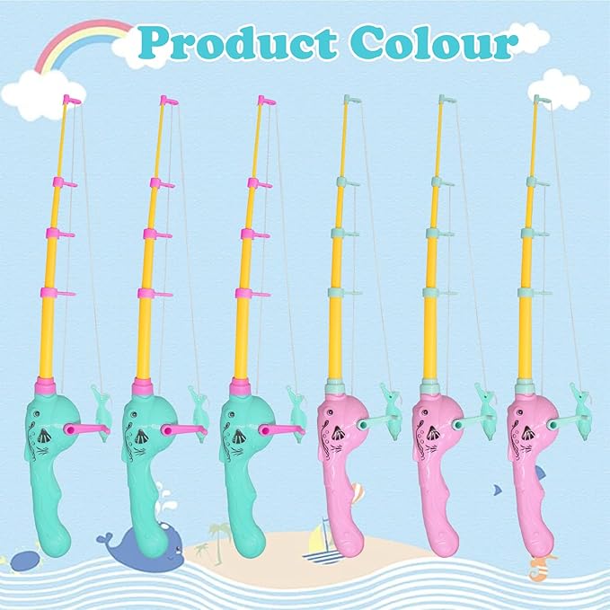 Magnetic Fishing Toy Pole 6 Pack for Replacement | No Fishes are Included,Bathtime Carnival Toddler Education Fake Fishing Pole,Fishing Pole Pool Toy (3 Green + 3 Pink)