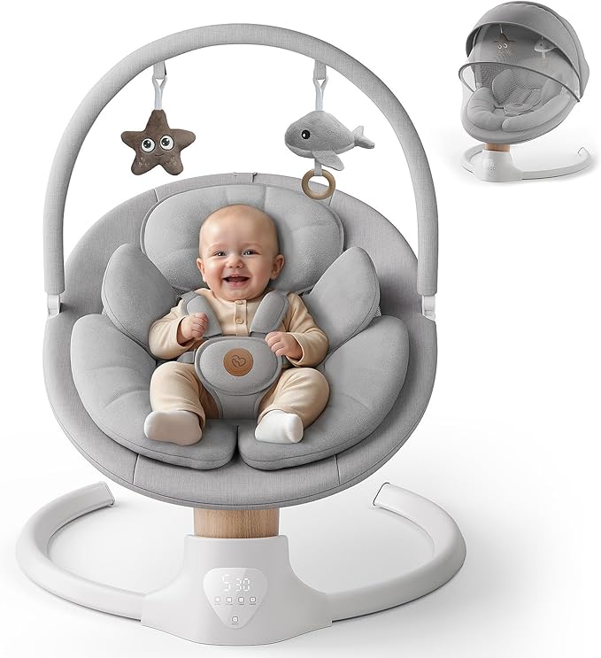 Baby Swings for Infants, FasonBaby Electric Baby Swing with Music Speaker, 5 Speeds, Remote Control and Bluetooth - Portable Infant Swing for Indoor and Outdoor (Gray)