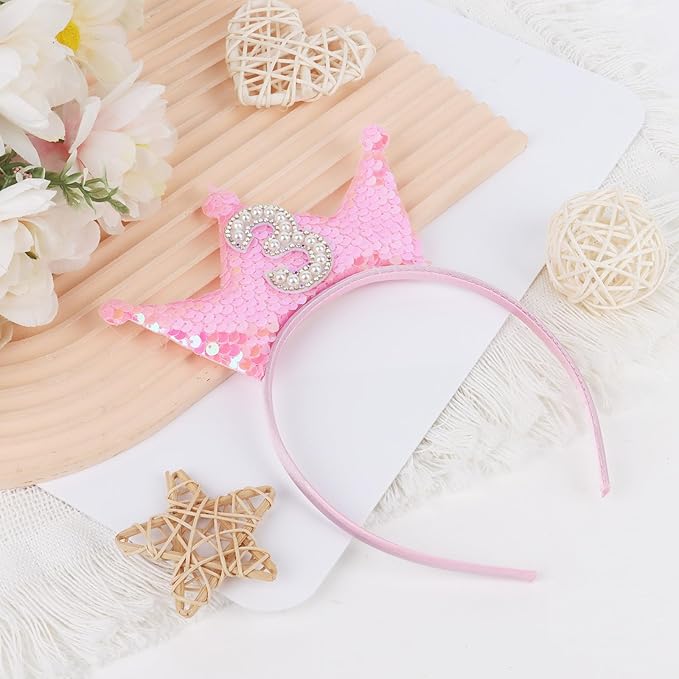 Birthday Crown Headband Pink Glitter Headbands for Girls 3 Year Old Girl Gifts 3rd Birthday Decorations
