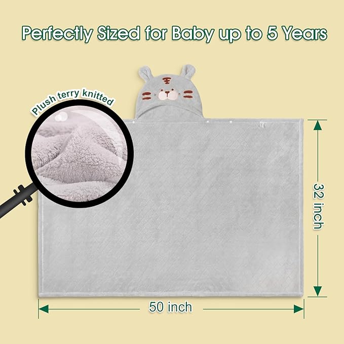 2 Pack Hooded Towels for Toddlers, Thick 55" x 27.5" Baby Bath Towel Set for Girls and Boys, Toddler Towels with Animal Hood and Buttons, Gray Tiger & Green Rabbit Set