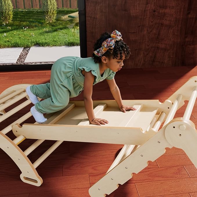 LINKHOO Pikler Triangle Set of 3, Wooden Montessori Climbing Set for Toddlers Ages 2-6, Indoor Jungle Gyms with Arch, Ramp and Ladder, Natural