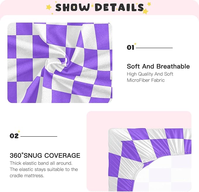 Baby Crib Sheet Purple Checkerboard Crib Mattress for Boys and Girls Playard Sheet Soft Breathable Fitted Baby Mattress Cover 52x28in