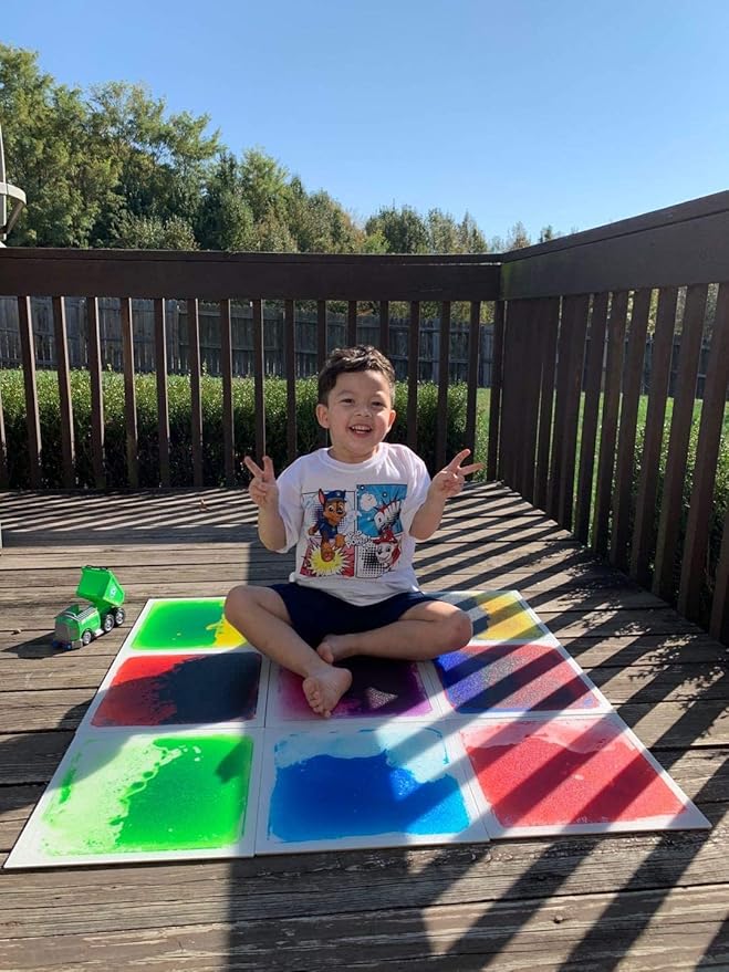 Edusense Sensory Liquid Floor Tiles for Autism, Activity Play Mats for Kids,Sensory Early Learning Room, Square Decorative Tiles Multi-Color with Anti-Slip Backing 12" X 12" Pack of 9 PCS