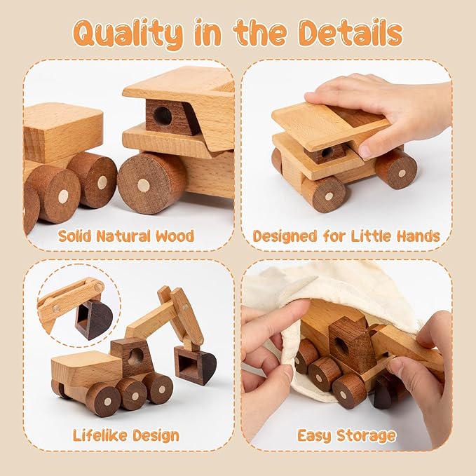 Wooden Toy Cars for 3 Year Old Boys & Girls - Construction Vehicles Set Push Toys for Toddlers, Wood Montessori Car with Rolling Wheels, Natural Wood Toys (Excavator & Dump Truck)