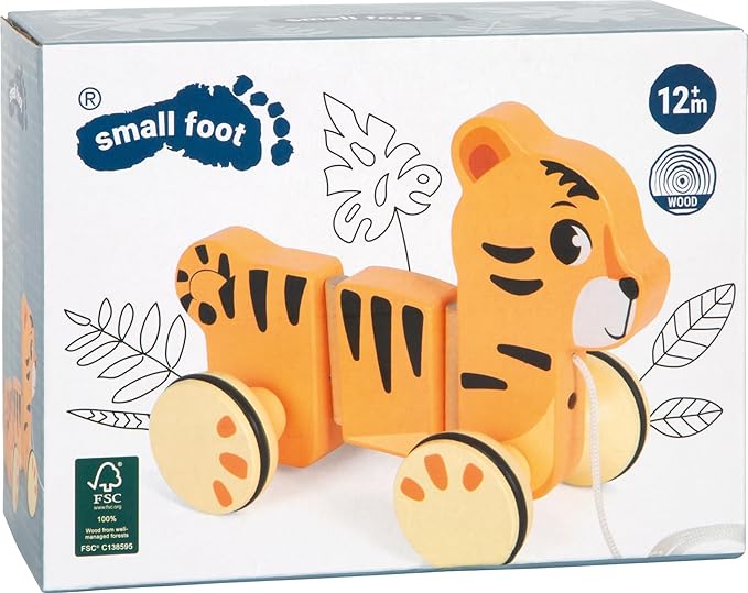 small Foot 12733 Tiger "Safari", Flexible Pull Tiger Made of FSC 100% Certified Wood, Motor Skills Toy for Children from 12 Months, Orange