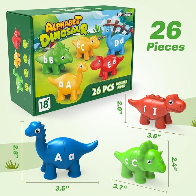 26PCS Dinosaur Alphabet Learning Toys for Kids Ages 3-5, Double-Sided ABC Matching Game with Uppercase Lowercase, Montessori Educational Fine Motor Toys, Preschool Sensory Sorting Toy Gift