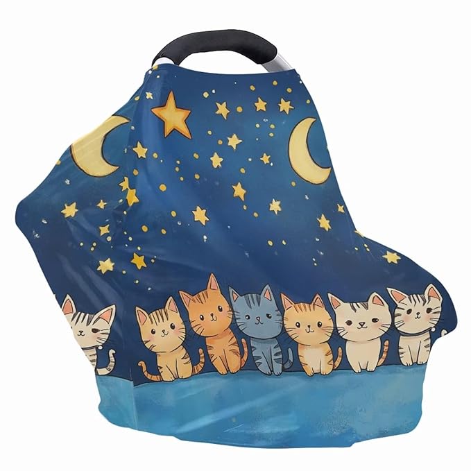 Binienty Starry Sky Anime Cat Car Seat Cover for Baby,Stretchy Infant Carseat Canopy Soft Fashion Mom's Nursing Cover Breastfeeding Scarf Portable Baby Car Seat Covers