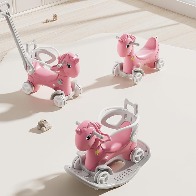 Runboll 4 in 1 Rocking Horse for Toddlers, Baby Rocking Toy with Push Handle, Backrest & Detachable Balance Board, Riding Horse Toy for Baby Girl and Boy, 1-3 Years Old Kids Riding Birthday