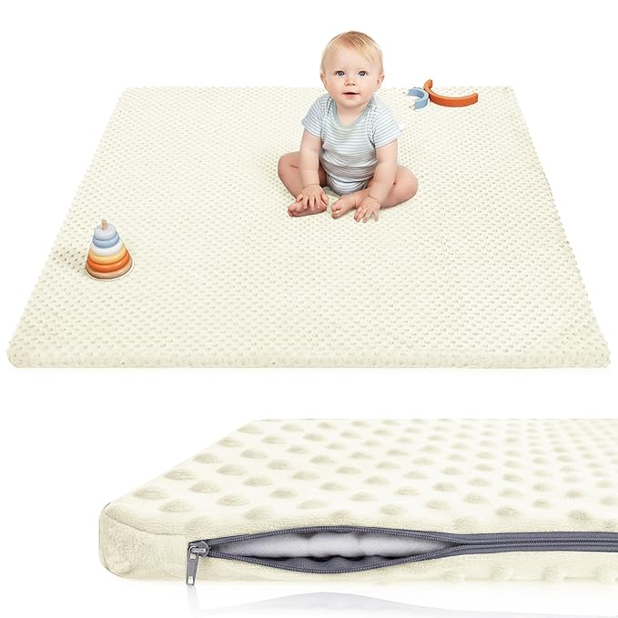 Huloo Sleep Baby Floor Play Mat for Playpen, Extra Thick 50"x50" Padded Mat with Ultra Soft 3D Minky Dot & Removable Washable Cover, Non-Slip & Safe for Crawling,Tummy Time,Infant/Toddler(Cream)