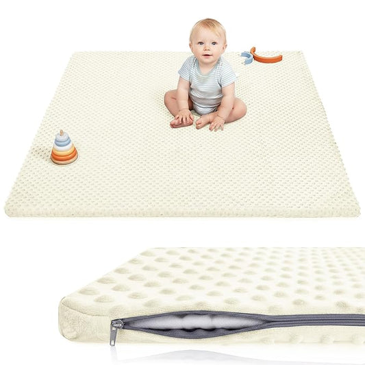 Huloo Sleep Baby Floor Play Mat for Playpen, Extra Thick 50"x50" Padded Mat with Ultra Soft 3D Minky Dot & Removable Washable Cover, Non-Slip & Safe for Crawling,Tummy Time,Infant/Toddler(Cream)