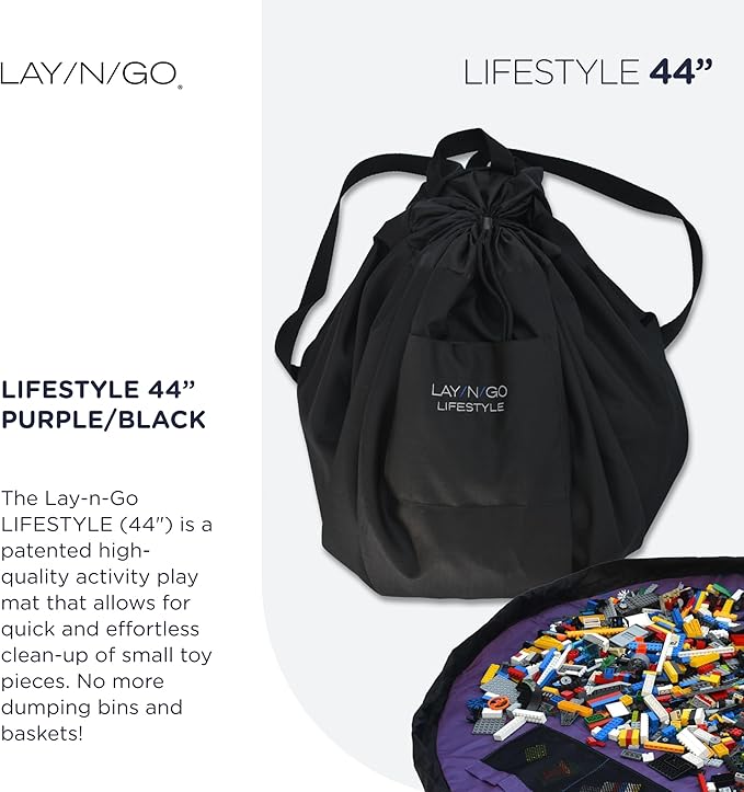 Lay-n-Go Layflat Portable Drawstring Cinch Storage Toy & Mini Figures Organizer & Play Mat, Mesh Pockets, Home & Travel, Kids & Toddlers Playdates, 2 Straps for Backpack, Durable, Machine Washable
