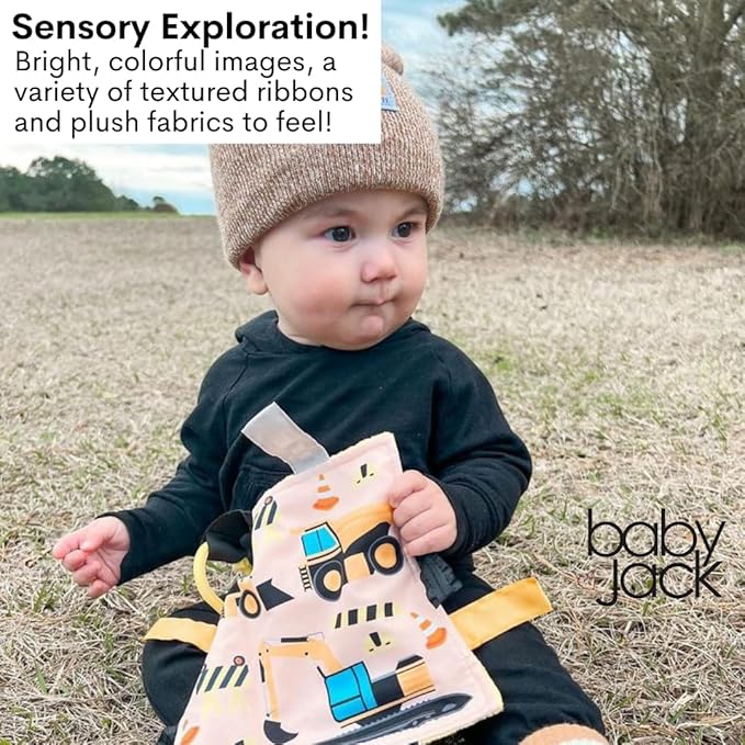 Baby Jack & Co 8x8” Construction Lovey Tag Toy for Babies - Baby Crinkle Toy - Soft & Safe - Learn Shapes & Colors - Ideal Baby Toy - BPA Free w/Stroller Clip