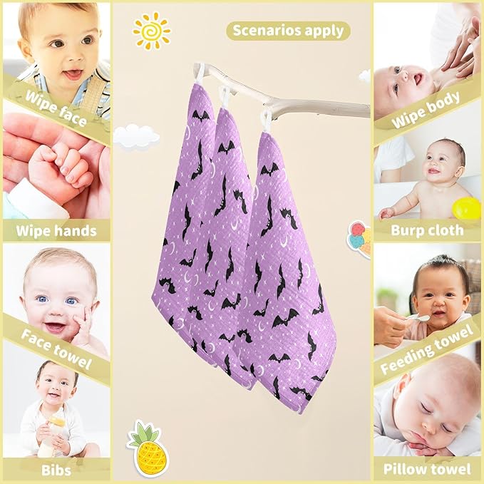 Halloween Bats Moons Baby Washcloths Newborn Muslin Burp Cloths 3 Pack Soft Cotton Baby Face Bath Towel Drool Bibs for Infants, Girls and Boys 11.8 x 11.8 Inch