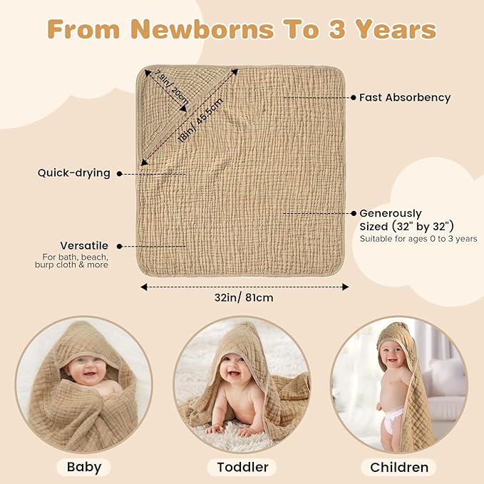 Hooded Baby Bath Towels for Newborn, 2 Pack - 6-Layer 100% Muslin Cotton, Soft Absorbent Baby Towels with Hood for Babies, Infants & Toddlers, Large 32x32 Inch Unisex Newborn Baby Bath Essentials