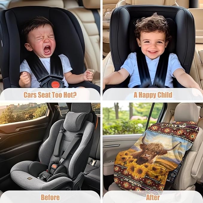 Car Seat Protector Baby Car Seat Sun Shade Cover, Keeps Baby's Carseat at Cooler Temperature, Blocks Out Heat & Sun UV Covers, Universal Toddler Car Accessories, Highland Cow Aztec Sunflower
