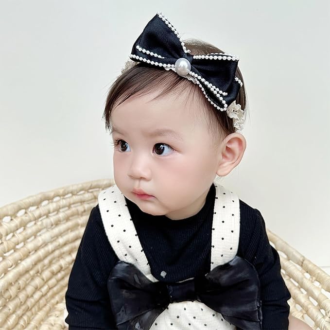 Bow Lace Headbands for Baby Girls Soft Tulle Ribbon Pearl Head Wrap Elastic Bow-knot Hair Band Shower Birthday Hair Accessory for Newborn Infant Toddler (Black B, Elastic)