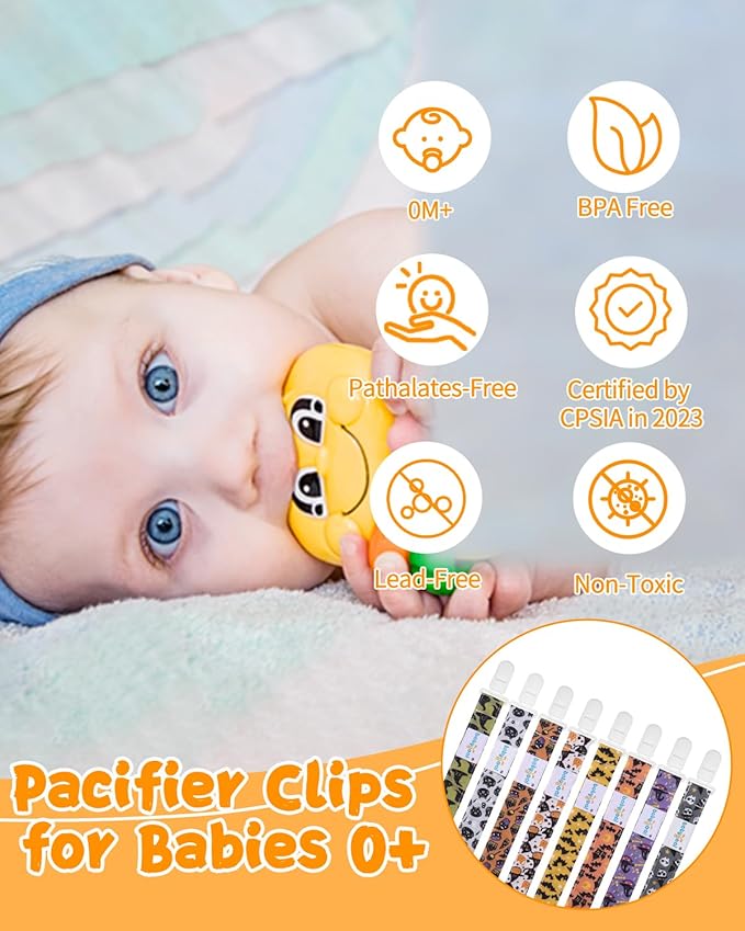 babygoal Baby Halloween Pacifier Clips 8 Pack, Pacifier Holder Clip for Baby Boys and Girls Fits Most Pacifier and Binkies