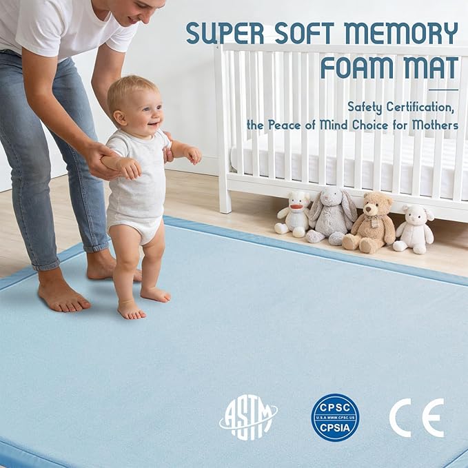 Baby Play Mat for Floor, 1.3 Inch Thick Memory Foam Tummy Time Mat with Non Slip Backing, Soft Coral Velvet 71X79 Inch Playpen Mat Crawling Tatami for Infants Toddlers Kids, Midnight Blue