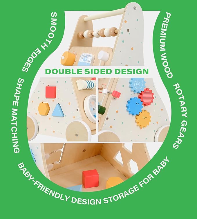 Wooden Baby Walker with Wheels Montessori Activity Push Walker for Todlers Baby Gift for 1 Year Old Girl & with Baby Activity Center