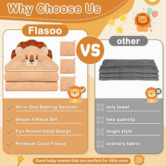 Flasoo 4 Pcs Baby Towels and Washcloths Set, Soft Hooded Bath Towel, 1 Baby Towel and 3 Baby Washcloths for Newborns, Toddlers, and Kids, 32x32 inch Baby Towel with Hood for Boy and Girl (Brown Lion)