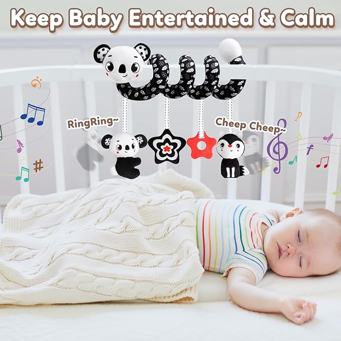 GKDOMS Baby Carseat Toy Black & White Rattle Spiral Hanging Activity Stroller Toy for Newborns Boys and Girls - Koala