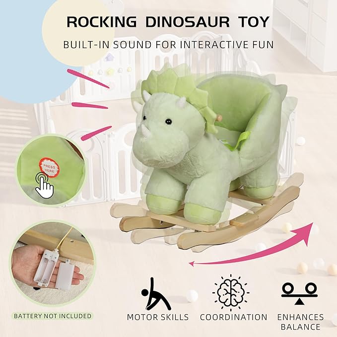 Dinosaur Baby Rocking Horse for Toddlers 1 Years to 3 Years, Stuffed Plush Ride-on Rocking Animal with Realistic Sound and Music, Wooden Rocking Horse with Seat, Green Dinosaur, CPC Certified