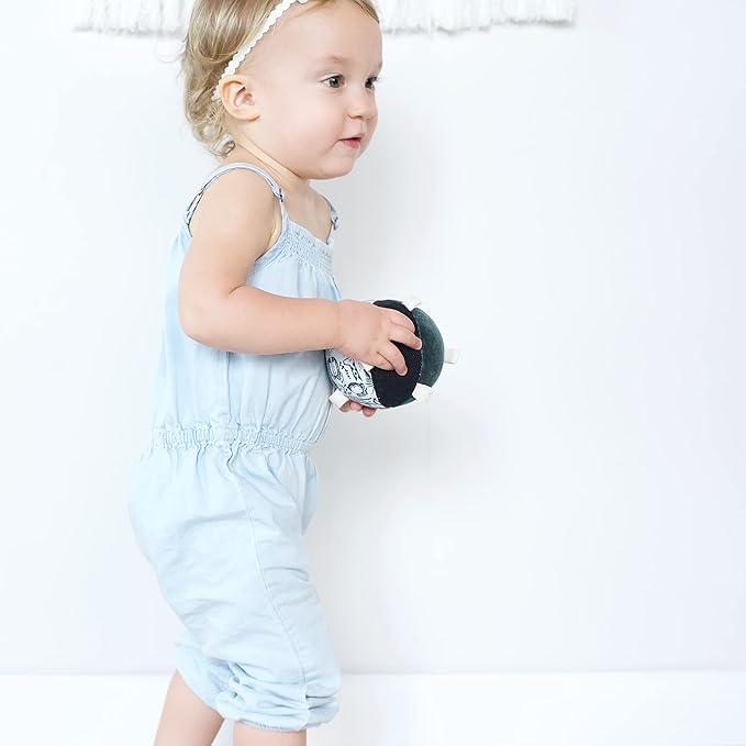 Wee Gallery Taggy Ball with Rattle, Soft Sensory Baby Toy, Sensory Ball with Organic Cotton Fabric, Little Tags & Gentle Rattle for Tummy Time, Grasping & Developmental Play, Wild