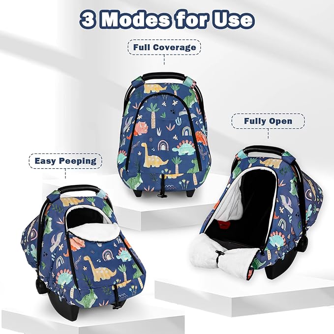 Winter Baby Car Seat Cover for Boys Girls, Warm and Cozy Infant Carseat Cover for Babies, Thickening Carseat Canopy Cover, Snow Resistant for Newborn Carrier Cover, Blue Dinosaur