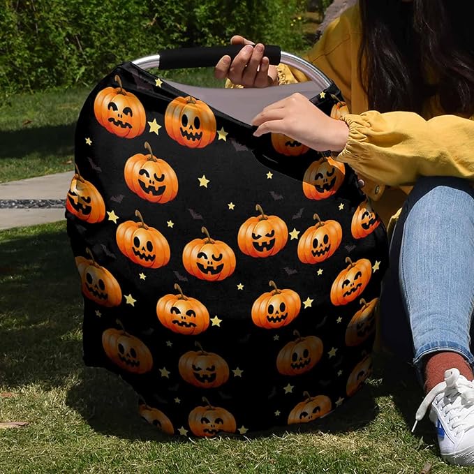 Nursing Covers for Breastfeeding All-in-1 Stretchy Breathable Carseat Canopy Halloween Nursing Cover Up for Girls, Boys 26x27.6 inches Various Expressions of Pumpkin