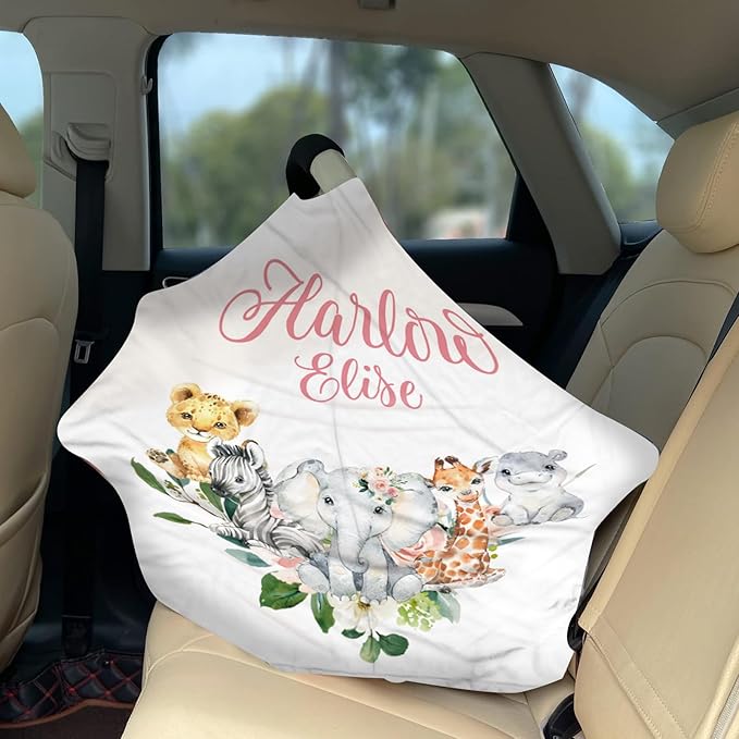 Personalized Baby Car Seat Cover Stroller Canopy: Custom Name Newborn Baby Girl Elastic Safari Animals Nursing Cover for Moms First Birthday Gift Pink(one Size)