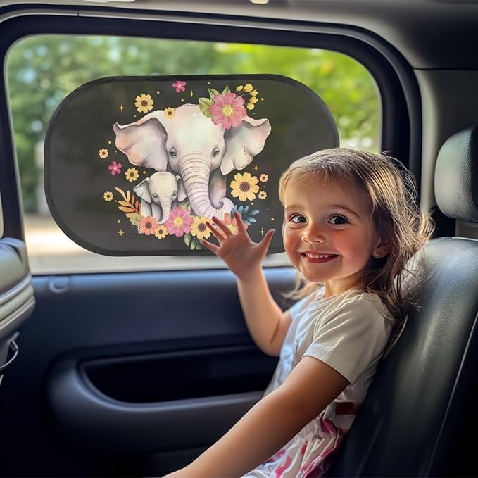 Bulopur Floral Elephant Window Shades 2 Pack Car Window Covers UV Protection Breathable Sun Shade Car Window Baby Cute Design for Most Vehicle, SUV, Truck, Cars