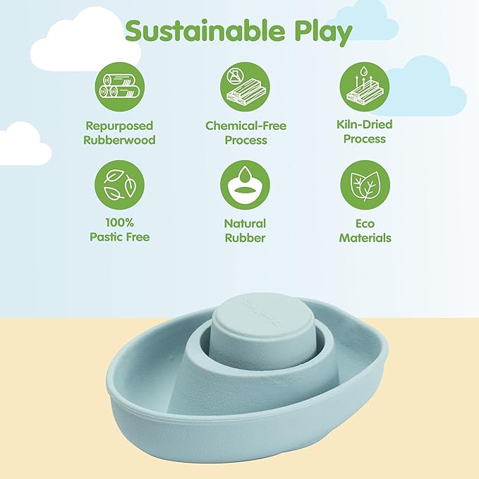 PlanToys® Pastel Blue Rubber Convertible Boat Montessori Water and Bath Play Toy | Cause & Effect, Imagination and Exploration Activity | Eco Friendly Floating Bath Toy