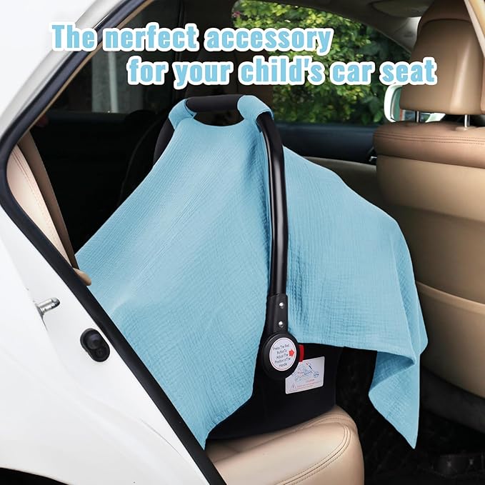 Metplus Muslin Car Seat Cover for Babies, 100% Cotton Breathable Infant Carseat Canopy for Summer, Lightweight Stroller Sunshade Covers for Newborns(Azure Blue)