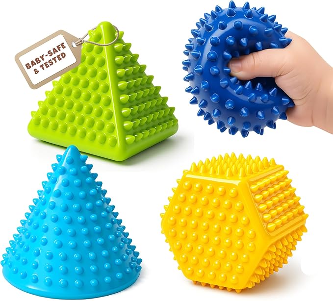 Soft Spiky Sensory Balls - Textured Geometric Shapes for Babies' Sensory Development, Massage Sensory Balls for Toddlers 1-3 Multicolor Bath Gifts Montessori Toys Baby Balls 6 to 12 Months
