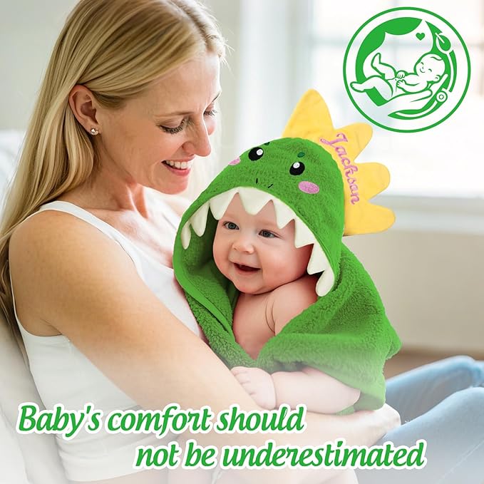 Custom Hooded Baby Towels with Name, Personalized Bunny Easter Gifts for Toddlers, Custom Baby Bath Towels for Newborn, Ultra Soft and Absorbent, Ideal for Girl Boy (Dinosaur)