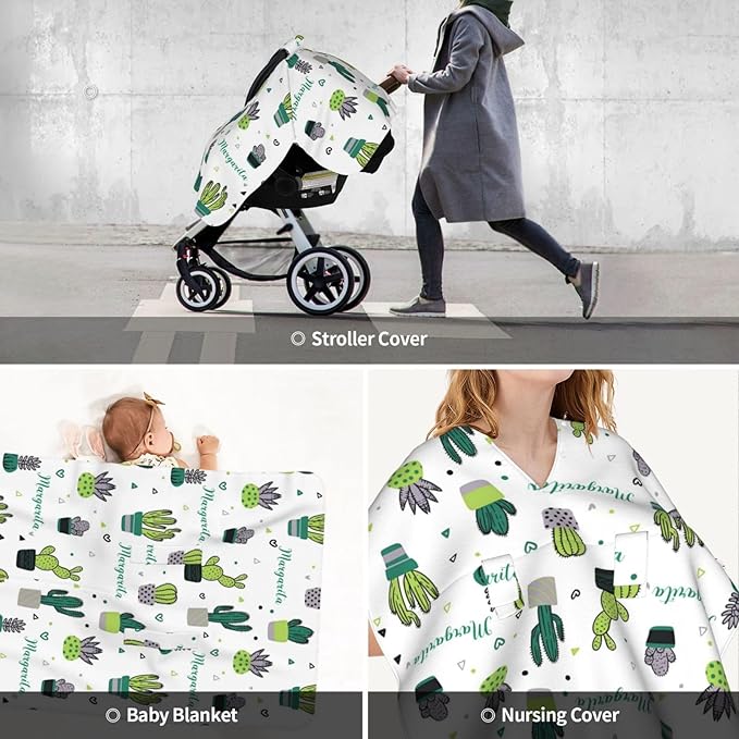 Personalized Baby Car Seat Canopy with Name, Cactus Infant Car Seat Cover, Nursing & Breastfeeding Stroller Cover, Newborn Shower Gift for Baby Boys and Girls