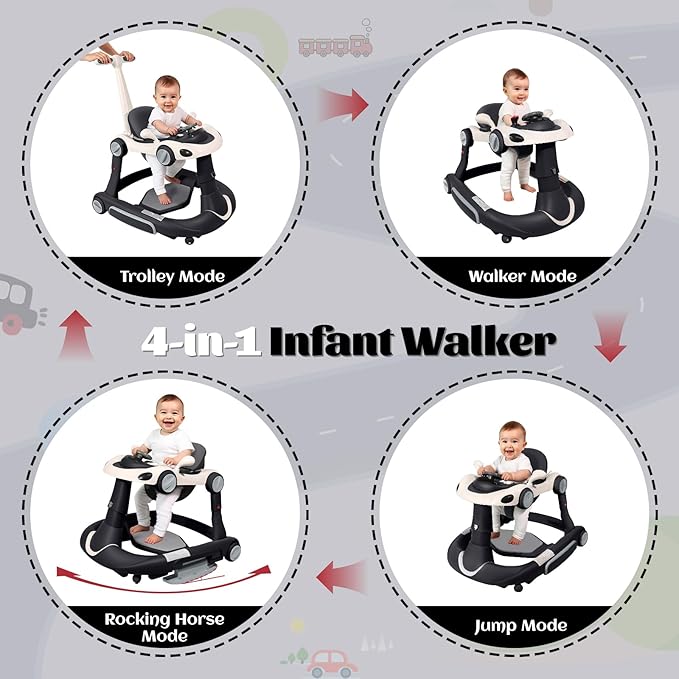 Baby Walker, 4-in-1 Baby Walker with Wheels Portable, Foldable Infant Toddler Walker for Boys Girls 6-18 Month,Removable Footrest,Car Steering Wheel & Music, Adjustable Push Walker Black
