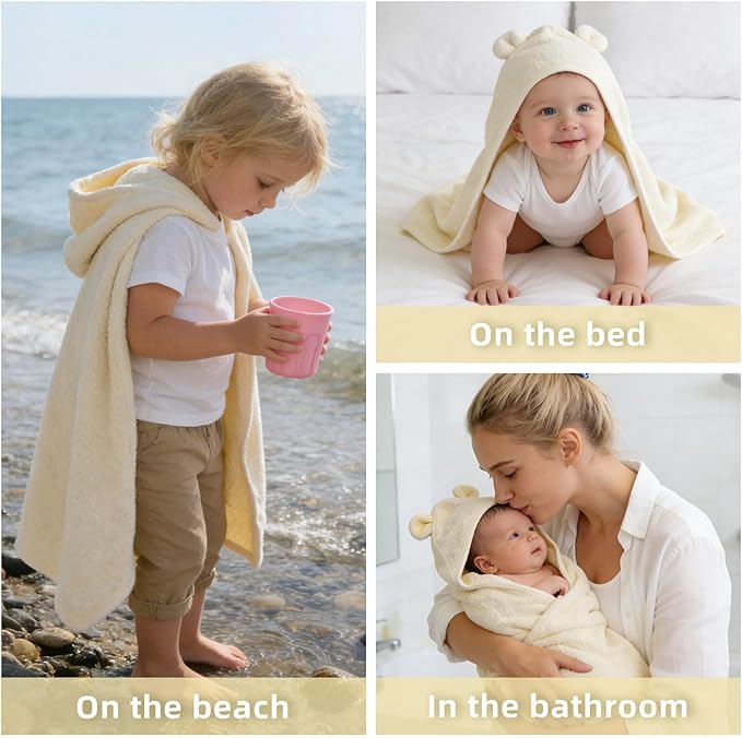 LifeTree 1 Pack Baby Hooded Towel with 1 Pack Washcloth for Newborn, 100% Cotton Bath Towel for Babies, Infant, Toddler and Kids, Thick,Soft and Absorbent, 30 * 30 Inches, Newborn Essentials, White