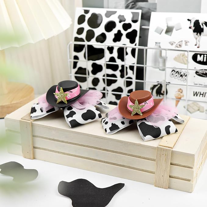 YanJie 3.5’’ Cowgirl Hat Bow Clips for Girls Western Hair Accessories Cow Print Bows Rodeo Outfit for Girl Birthday Gifts Back to School Clip