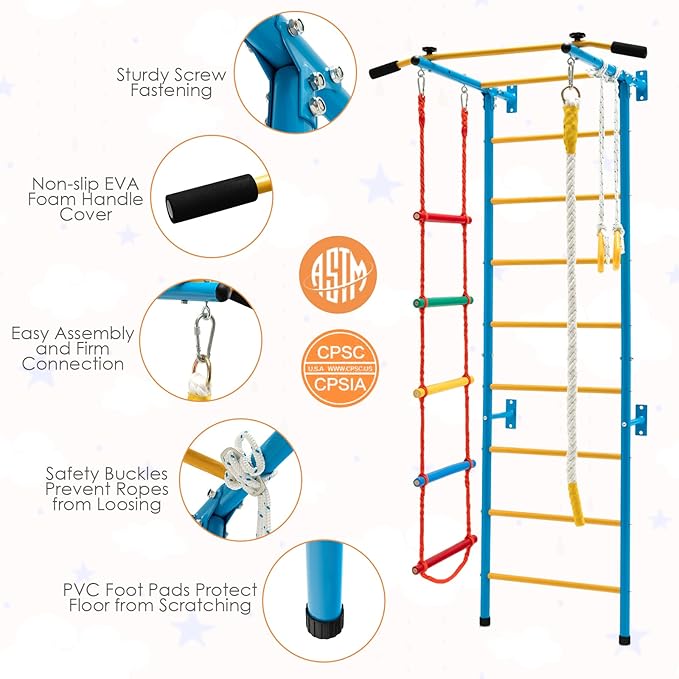 Costzon 5 in 1 Climbing Toys for Toddlers, Indoor Kids Gym for Exercise, Steel Ladder Wall Set with Wall Ladder, Pull-up Bar, Rope, Gymnastic Rings, Solid Wall Set up, Climber Ladder Boys Girls Gift