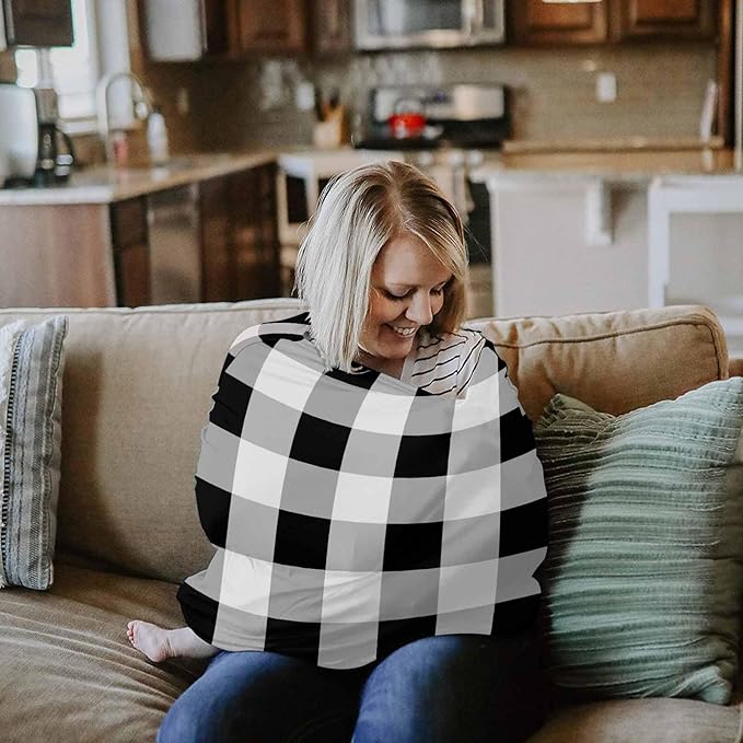 Black White Car Seat Covers for Babies, Buffalo Plaid Grey Check Lattice Geometric Nursing Breastfeeding Covers Stretchy Breathable Baby Carseat Canopy Cover for Girls and Boys Shower Gifts